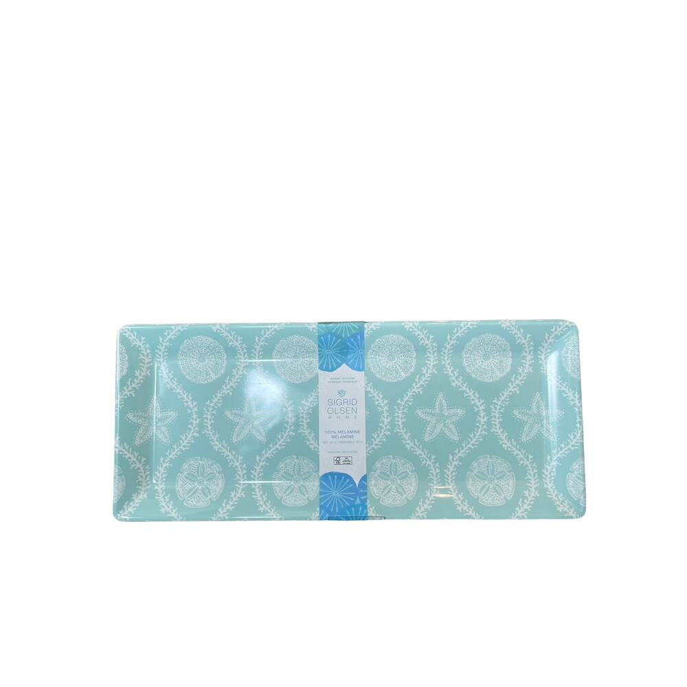 Set of 2 SIGRID OLSEN Melamine Serving Trays 19" Aqua Starfish | Sand Dollar New